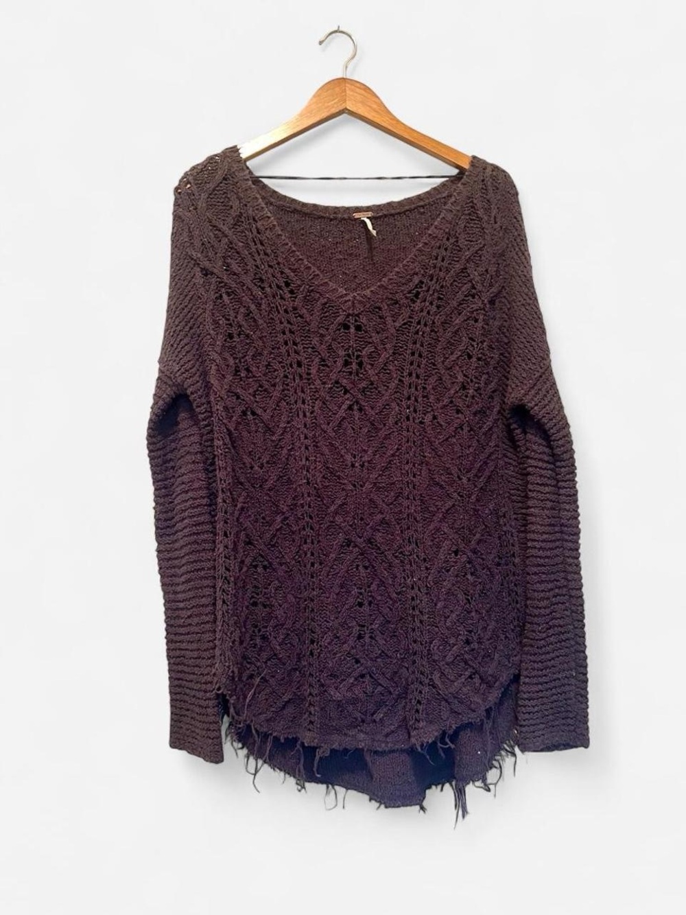 Free People Cable Knit V-Neck Sweater - Black